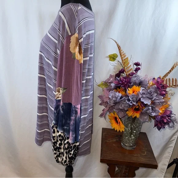 ODDY Purple Stripe Patchwork Leopard Sleeve Boho Tunic Top 1XL - Picture 2 of 8